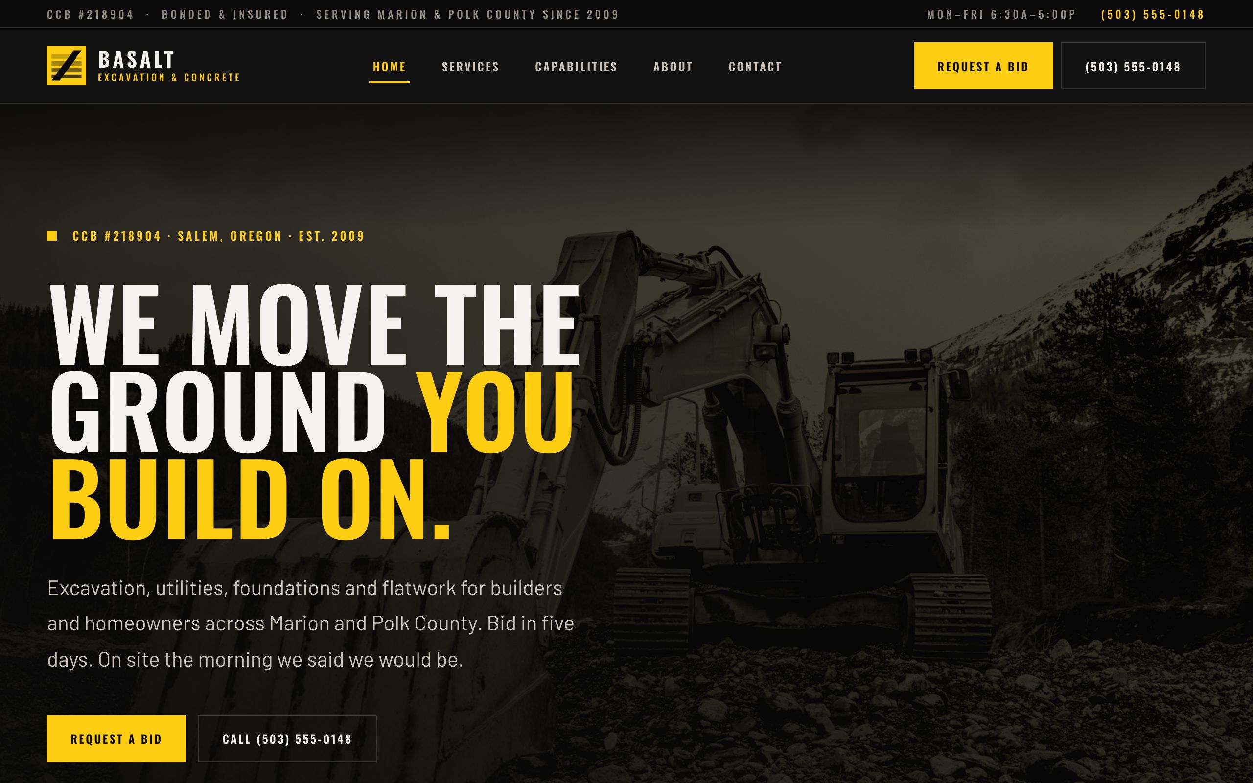 Basalt Excavation & Concrete homepage: “We move the ground you build on.” in huge condensed type over a darkened photo of a yellow tracked excavator parked on broken rock
