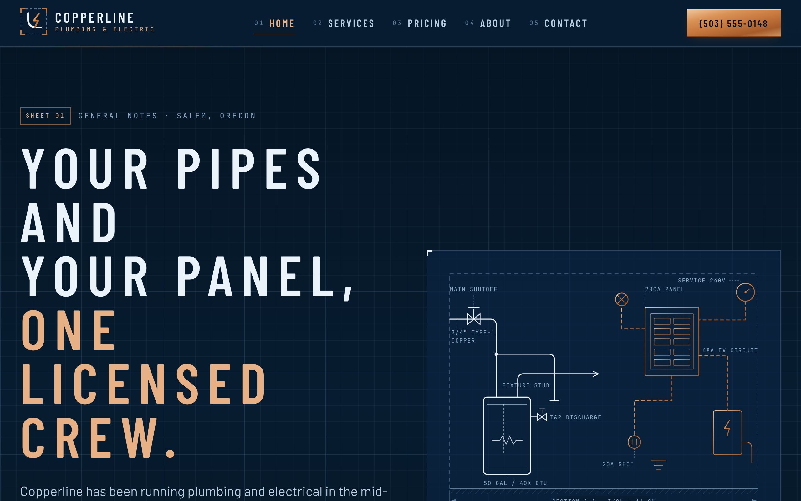 Copperline Plumbing & Electric homepage: “Your pipes and your panel, one licensed crew.” in tall condensed caps beside a white-on-blueprint schematic of a house's water heater, load center and EV circuit