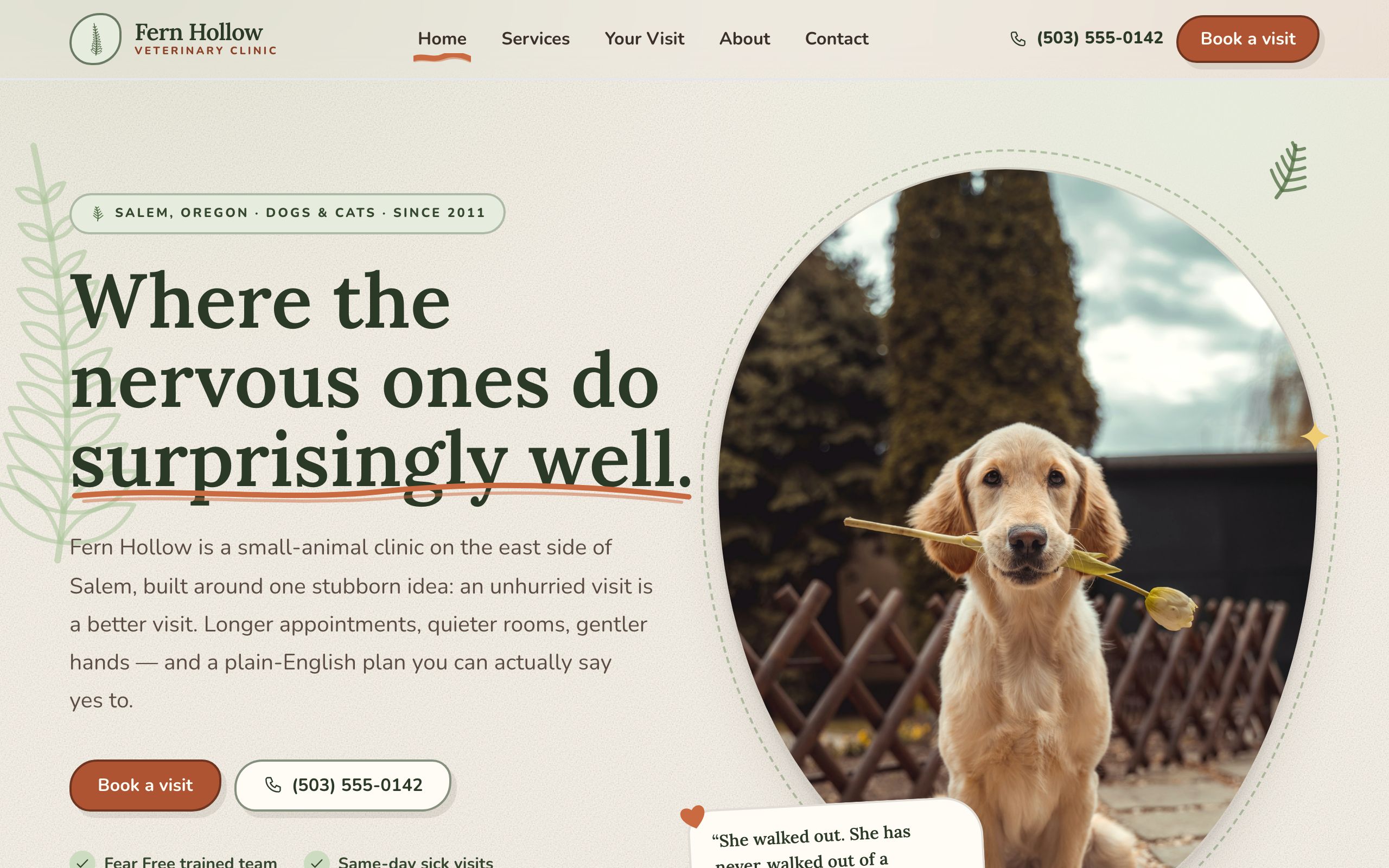 Fern Hollow Veterinary Clinic homepage: “Where the nervous ones do surprisingly well.” in a warm serif with a hand-drawn terracotta underline, beside a golden retriever puppy holding a tulip inside an organic paper-cut frame