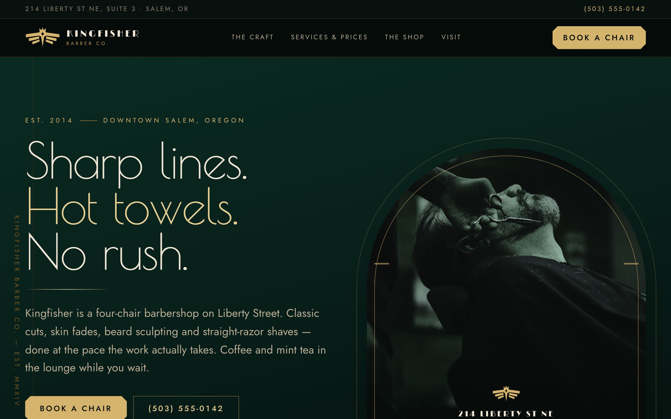 Kingfisher Barber Co. homepage: “Sharp lines. Hot towels. No rush.” in tall deco type on deep bottle green, beside an arched brass-framed portrait of a barber at work