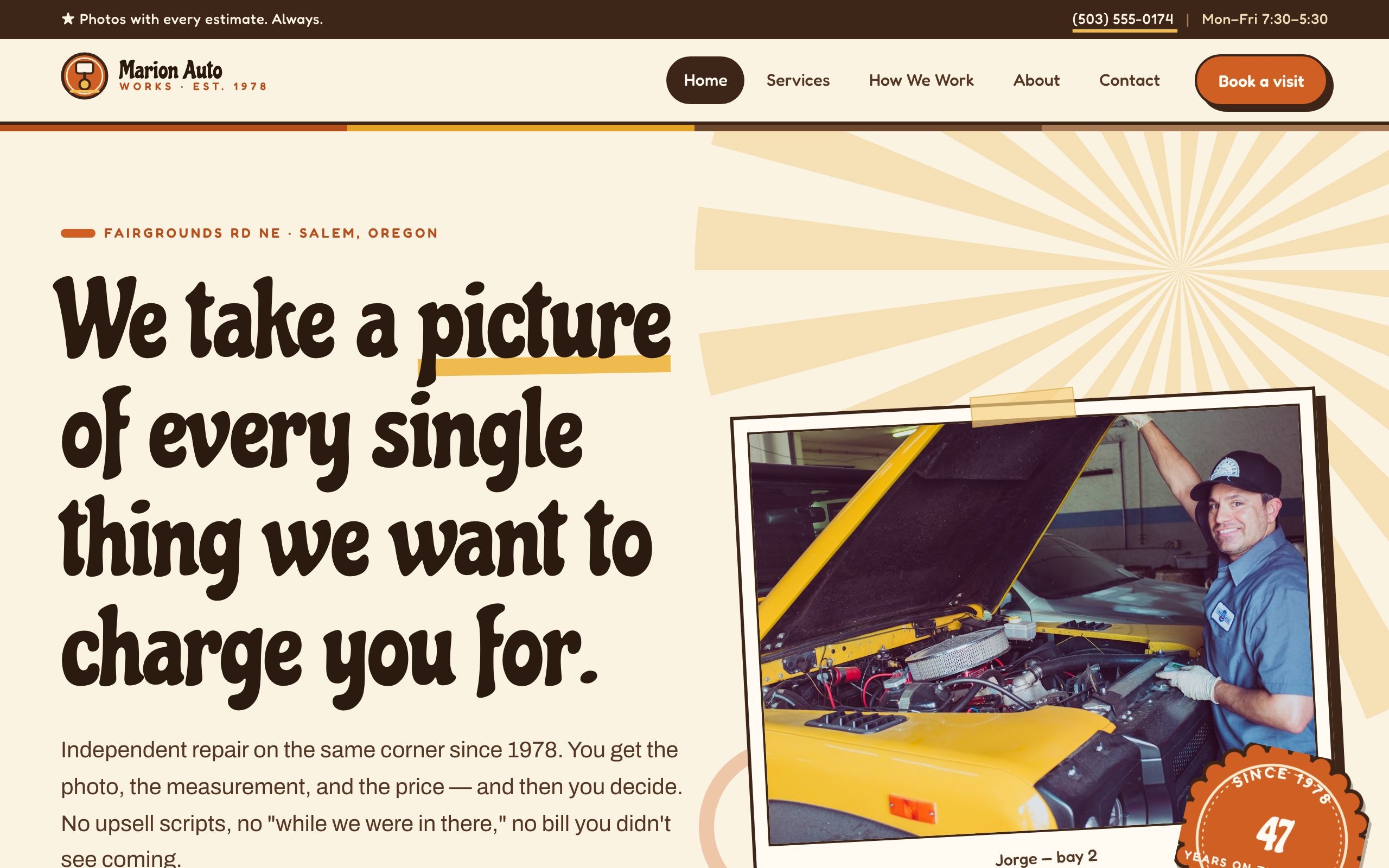 Marion Auto Works homepage: “We take a picture of every single thing we want to charge you for.” in fat 70s display type beside a polaroid of a smiling technician and a yellow car, over a cream sunburst