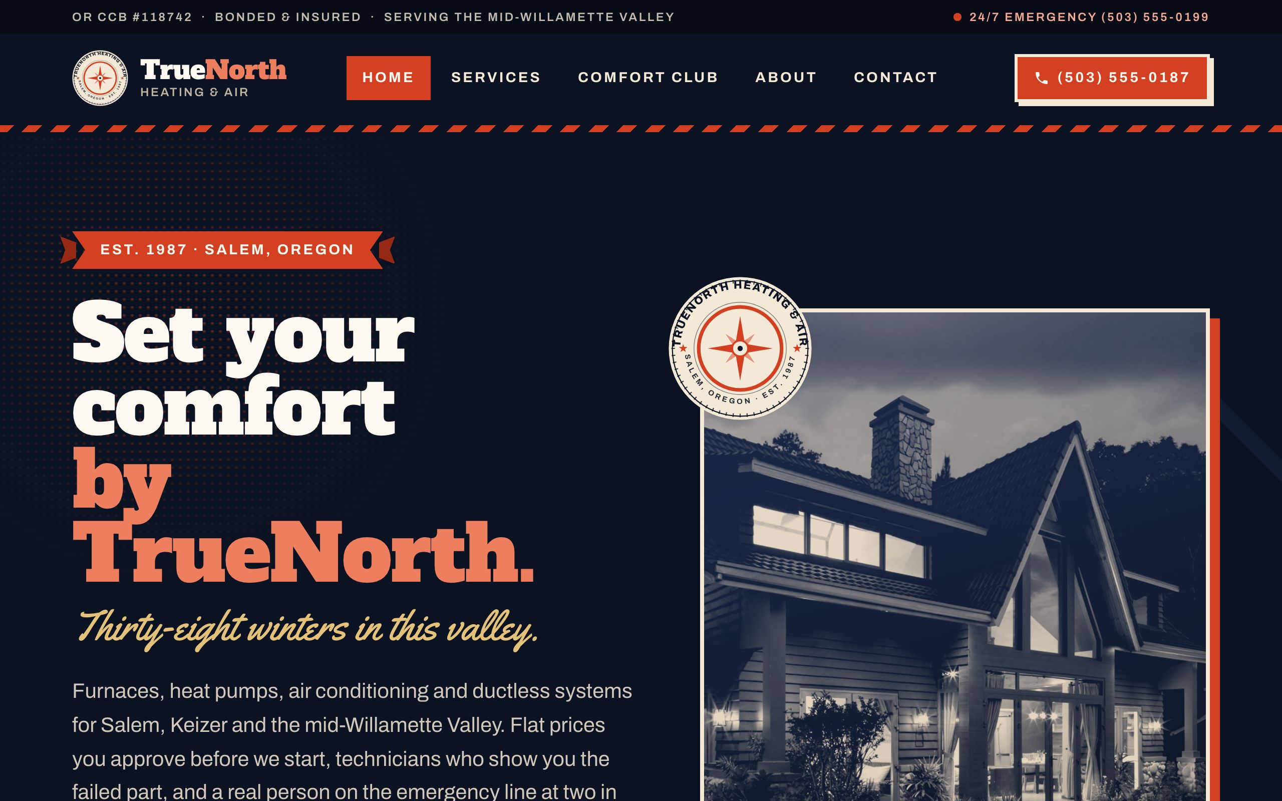 TrueNorth Heating & Air homepage: “Set your comfort by TrueNorth.” in heavy cream and vermilion slab type on deep navy, beside a duotoned photo of a lit house at dusk stamped with a circular compass badge